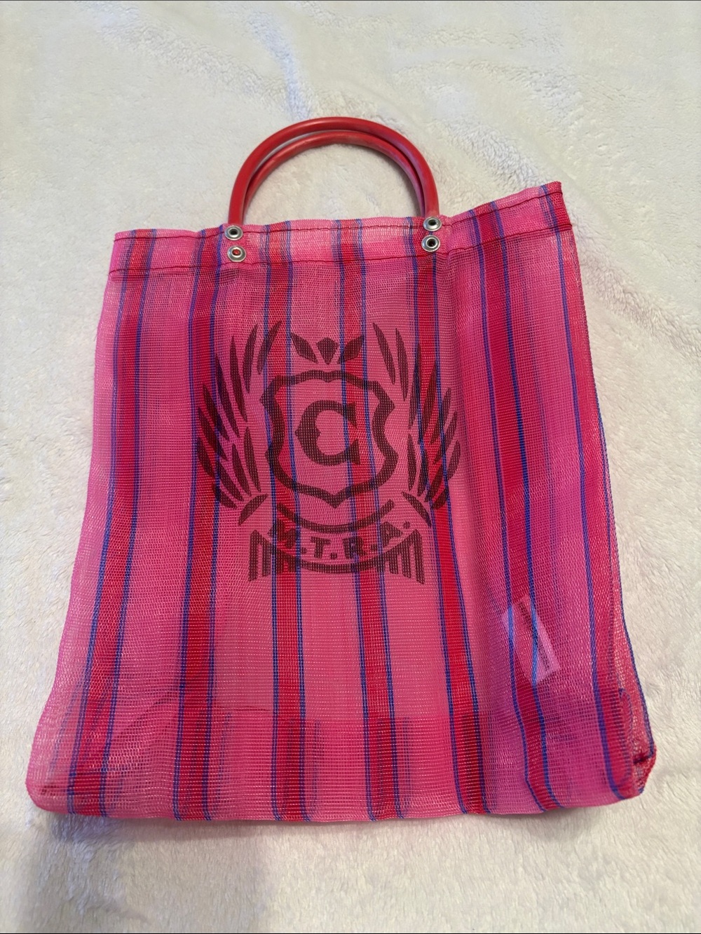 Consuela Pink and Blue Striped Mini Tote with Crest Logo
